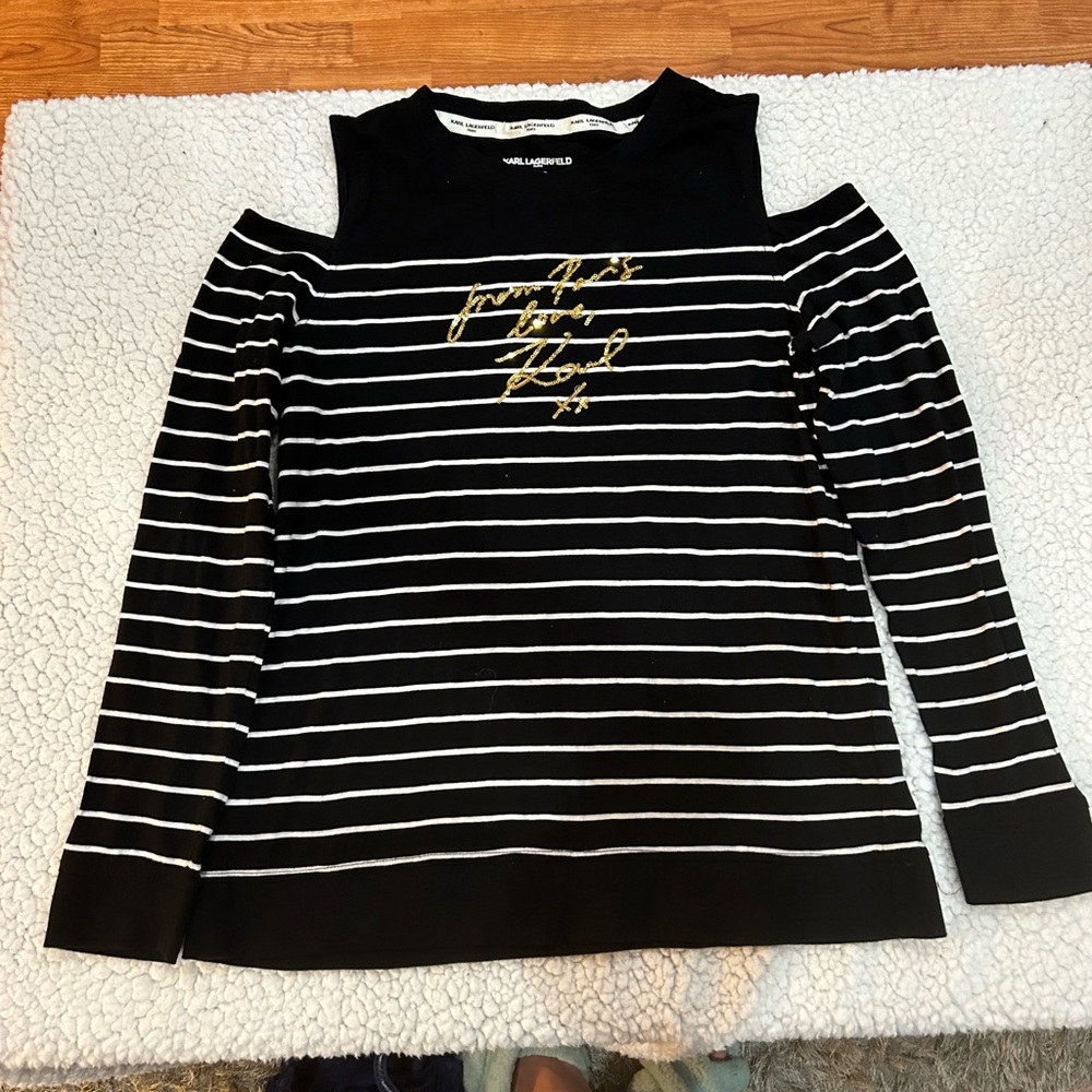 Karl Lagerfeld stripped top with soft cold  shoulders and gold logo size SP